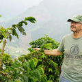 A coffee farmer in Colombia stands next to their coffee plants against a misty, hilly background.