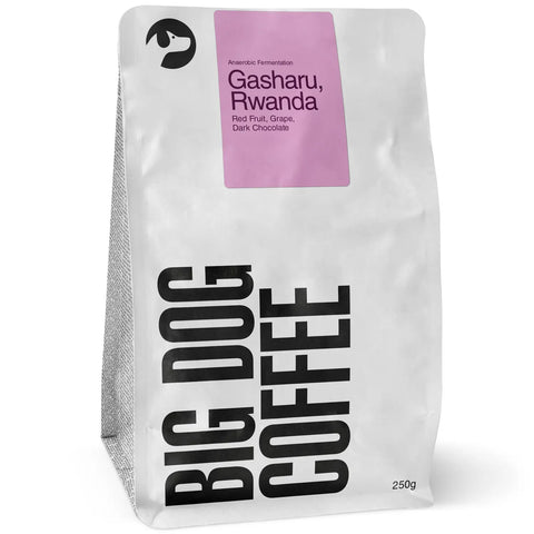 Big Dog Coffee bag with 'Gasharu, Rwanda' label on a white background