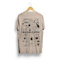 Beige t-shirt with 'Big Dog Coffee' graphic design on a hanger against a white background