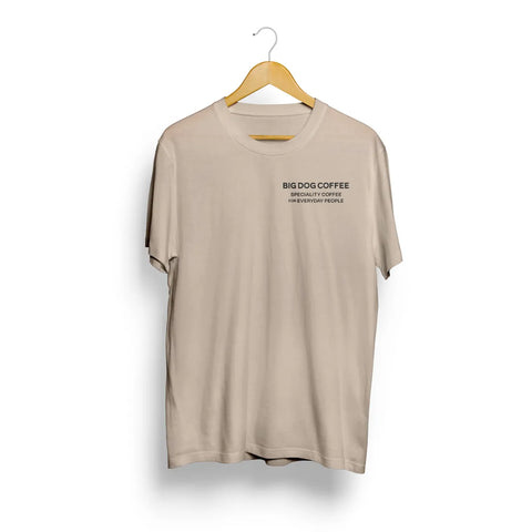 Beige t-shirt with 'BIG DOG COFFEE' text on a hanger against a white background
